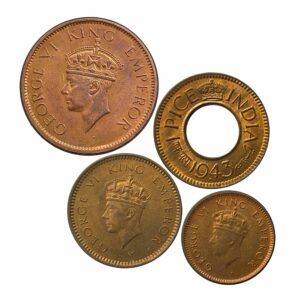 UNC Scarce SET of 4 Bronze Coins of George VI King (1939-46) 4 Coins SET, British India Uniform Coinage, UNC