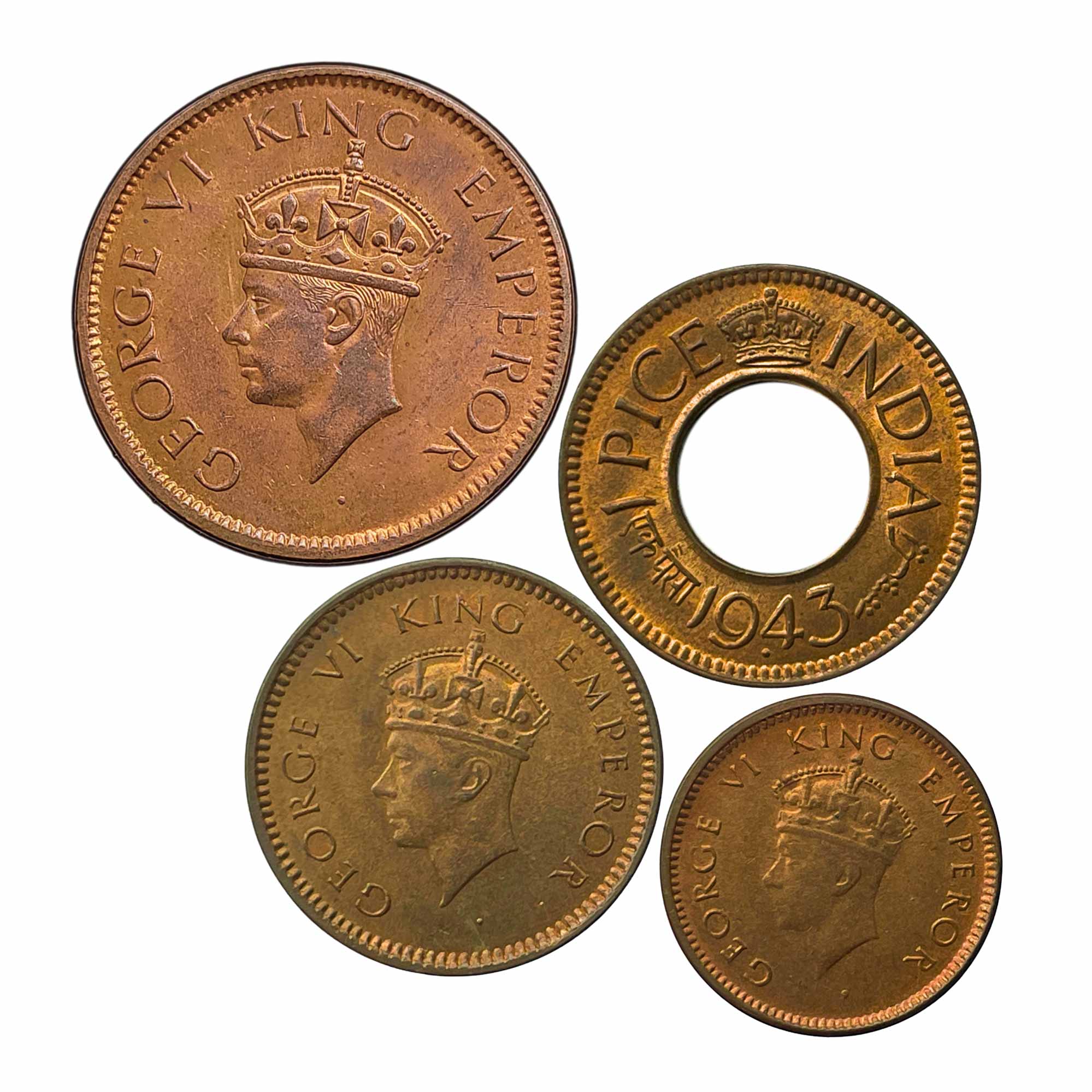UNC Scarce SET of 4 Bronze Coins of George VI King (1939-46) 4 Coins SET, British India Uniform Coinage, UNC