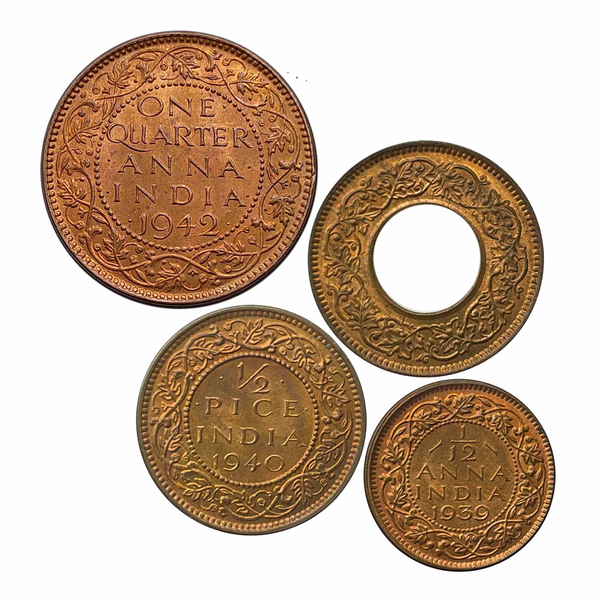 UNC Scarce SET of 4 Bronze Coins of George VI King (1939-46) 4 Coins SET, British India Uniform Coinage, UNC - Image 2