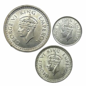 Scarce SET of 3 Silver Rupee Coins of George VI King (1940-45) 3 Coins SET (11.6 gms, 5.8 gms, 2.9 gms), British India Uniform Coinage, Collectible.