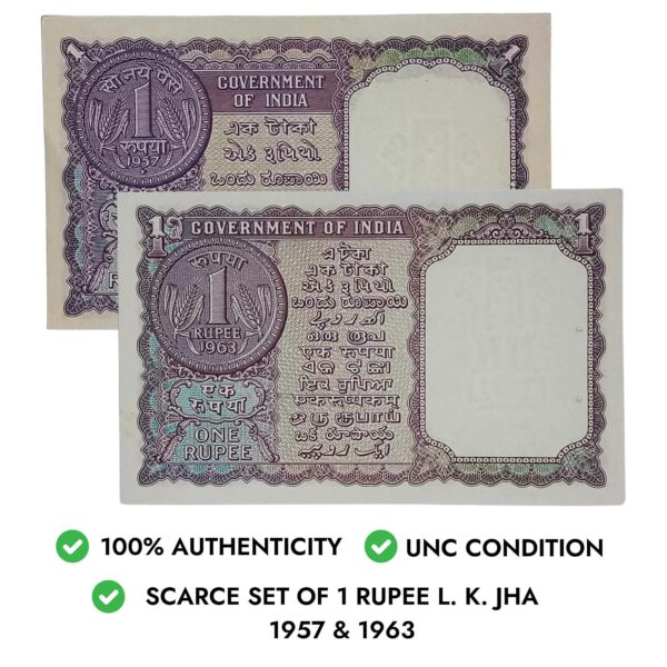 NOTAPHILY Scarce SET of 1 Rupee L. K. Jha 1957 & 1963, Republic India Numismatics Note, UNC - Image 3