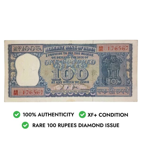 NOTAPHILY Rare 100 Rupees Diamond Issue Governor L. K. Jha Plain Inset, AB-86 Prefix, Republic India Bank Note, (G9) XF+. - Image 4