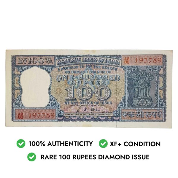 NOTAPHILY Rare 100 Rupees Diamond Issue Governor L. K. Jha Plain Inset, AB-86 Prefix, Republic India Bank Note, (G9) AU. - Image 4