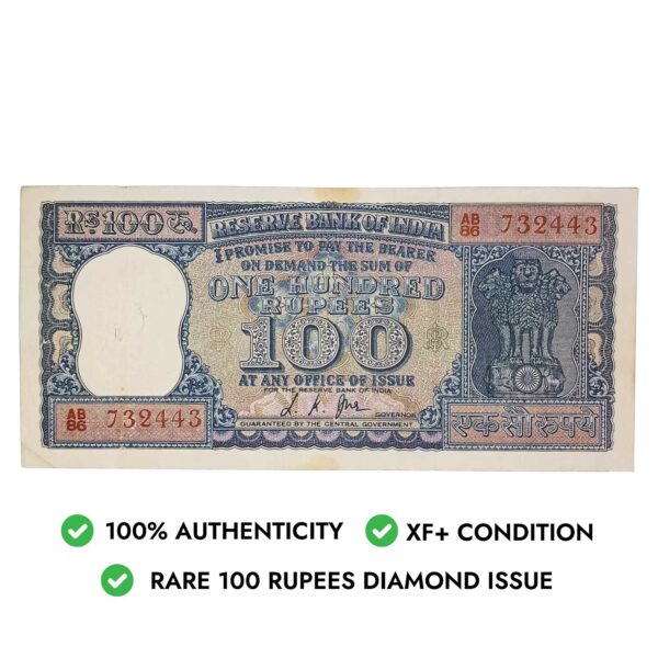 NOTAPHILY Rare 100 Rupees Diamond Issue Governor L. K. Jha Plain Inset, AB-86 Prefix, Republic India Bank Note, (G9) AU. - Image 4