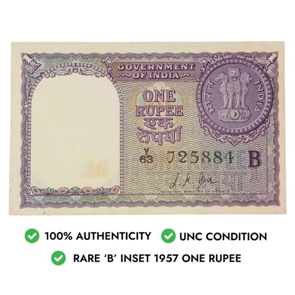 NOTAPHILY Rare 1 Rupee L. K. Jha 1957 ?B? Inset Y63 - Prefix, Republic India Numismatics Note, (A10) UNC. - Image 4