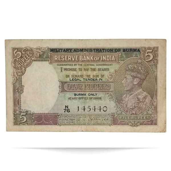 NOTAPHILY Rare 5 Rupees C. D. Deshmukh N76 - Prefix, British India Burma Overprint Numismatics Note, (BI-D14) Collectible. - Image 2