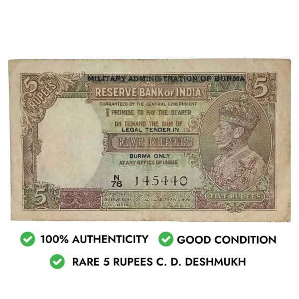 NOTAPHILY Rare 5 Rupees C. D. Deshmukh N76 - Prefix, British India Burma Overprint Numismatics Note, (BI-D14) Collectible. - Image 4