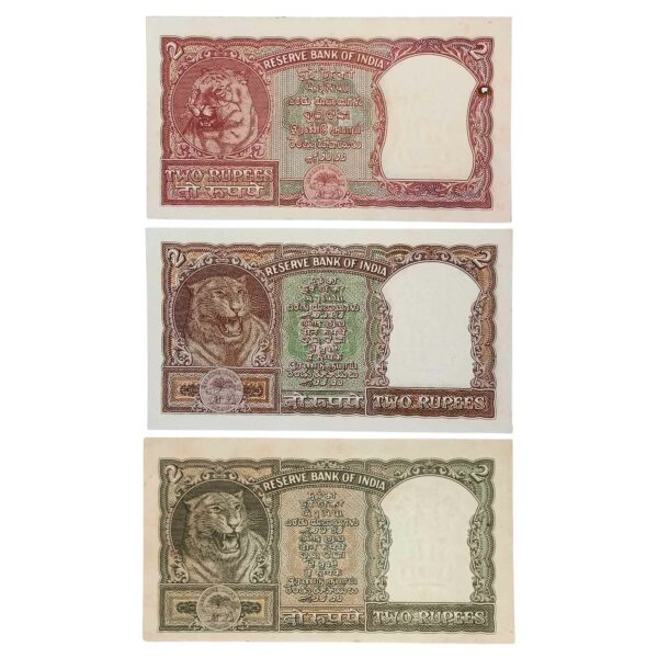 NOTAPHILY Rare SET of 2 Rupee Half Tiger 3 Different Designs Gov. H. V. Iyengar, P. C. Bhattacharya, Republic India Numismatics Notes, AU/UNC. - Image 2