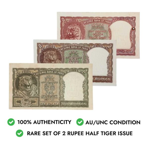 NOTAPHILY Rare SET of 2 Rupee Half Tiger 3 Different Designs Gov. H. V. Iyengar, P. C. Bhattacharya, Republic India Numismatics Notes, AU/UNC. - Image 3