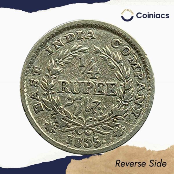 Rare 1/4 Rupee William IIII King 1835 CE Calcutta Mint (Obv A, Rev III) 18 Berries (10L +8R ) Silver coin, British India Uniform Coinage, Collectible. - Image 3