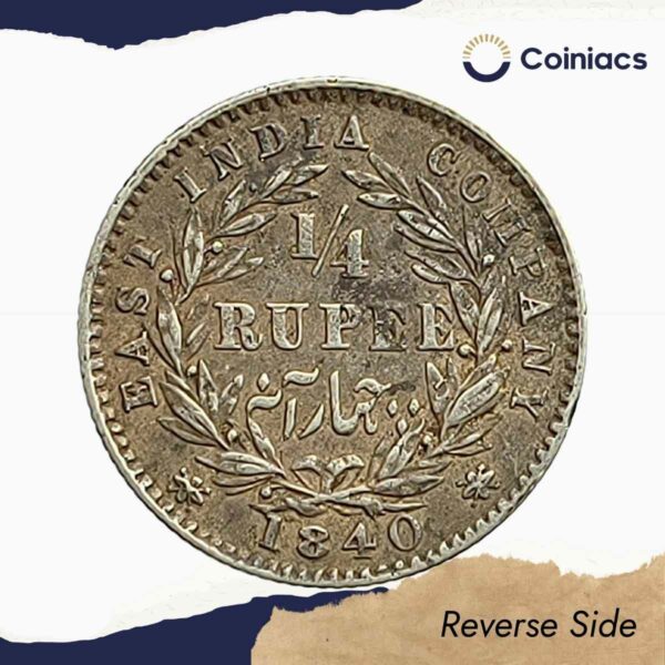 Scarce 1/4 Rupee Victoria Queen Divided Legend 1840 CE (Sheriff ) 10 Berries (6L +4R ) Silver coin, British India Uniform Coinage, Collectible. - Image 3