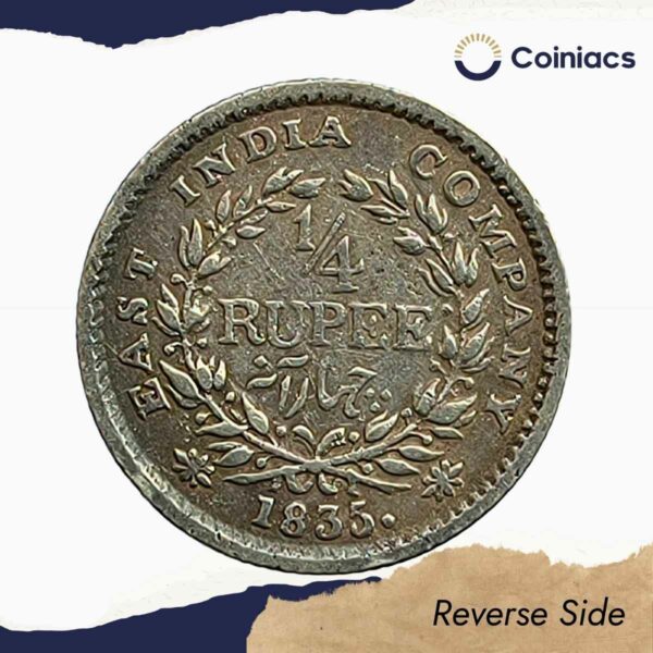 Rare 1/4 Rupee William IIII King 1835 CE Calcutta Mint (Obv A, Rev III) 18 Berries (10L +8R ) Silver coin, British India Uniform Coinage, Collectible. - Image 3