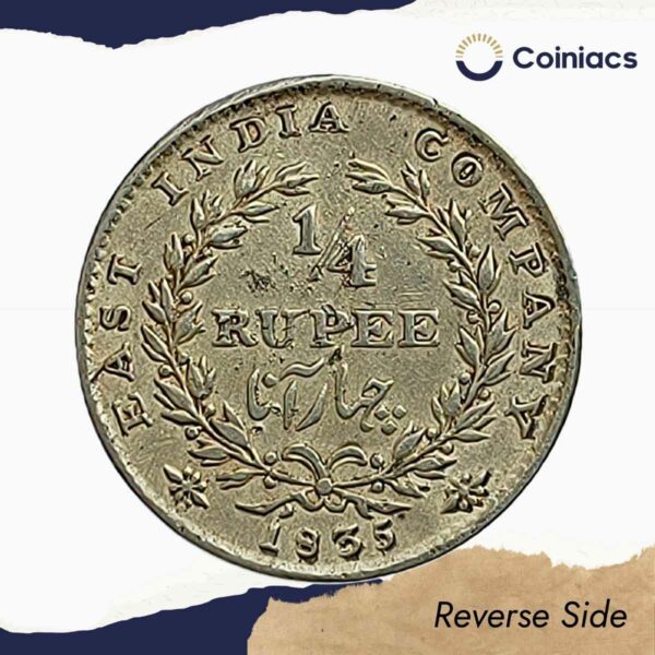 Rare 1/4 Rupee William IIII King 1835 CE (Obv A, Rev I) 20 Berries (10L +10R ) Silver coin, British India Uniform Coinage, Collectible. - Image 3