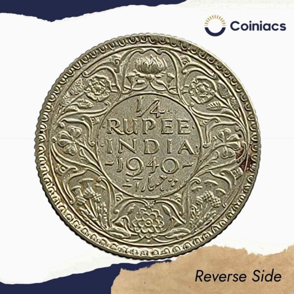 Scarce 1/4 Rupee George VI King Emperor (Head Type - I 'Young Head') 1940 CE Bombay Mint Silver Coin, British India Uniform Coinage, Collectible. - Image 3