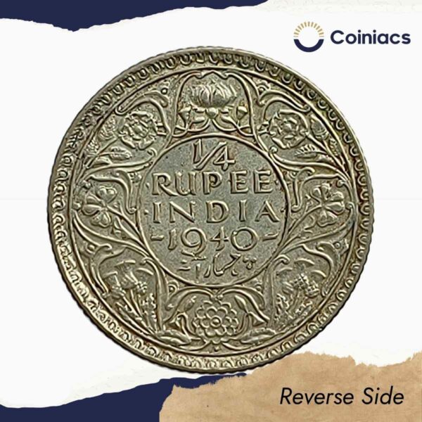 Scarce 1/4 Rupee George VI King Emperor (Head Type - I 'Young Head') 1940 CE Bombay Mint Silver Coin, British India Uniform Coinage, Collectible. - Image 3