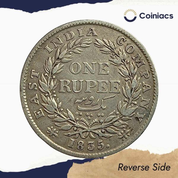 Scarce One Rupee William IIII 1835 Calcutta Mint (Obv-A, Rev-I) Silver Coin, British India Uniform Coinage, Collectible. - Image 3