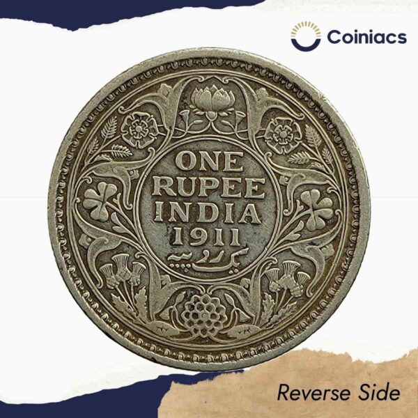 Rare One Rupee George V 1911 CE (Pig Rupee) Calcutta Mint Silver coin, British India Uniform Coinage, Collectible. - Image 3