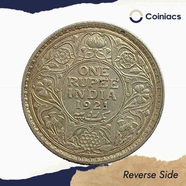 Rare One Rupee George V 1921 CE (Key Date) Bombay Mint Silver coin, British India Uniform Coinage, Collectible. - Image 3