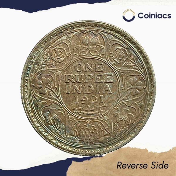 Rare One Rupee George V 1921 CE (Key Date) Bombay Mint Silver coin, British India Uniform Coinage, UNC (Toned). - Image 3