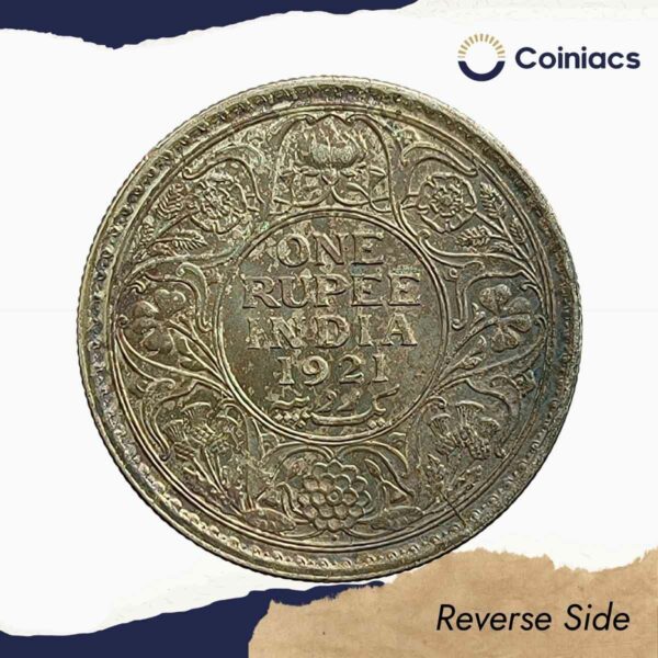 Rare One Rupee George V 1921 CE (Key Date) Bombay Mint Silver coin, British India Uniform Coinage, UNC (Toned). - Image 3