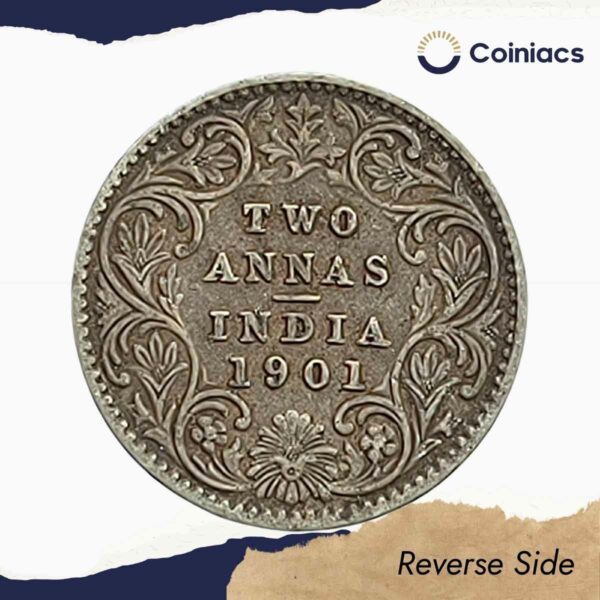 Scarce Two Annas Victoria Empress 1901 Calcutta Mint ('C' Incused) Silver Coin, British India Uniform Coinage, Collectible. - Image 3