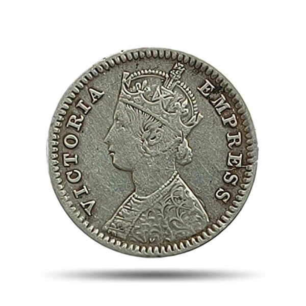 Rare Two Annas Victoria Empress 1881 (Key Date) Calcutta Mint ('C' Incused) Silver Coin, British India Uniform Coinage, Collectible.