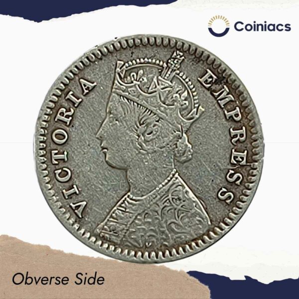 Rare Two Annas Victoria Empress 1881 (Key Date) Calcutta Mint ('C' Incused) Silver Coin, British India Uniform Coinage, Collectible. - Image 2