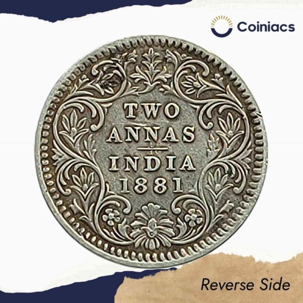 Rare Two Annas Victoria Empress 1881 (Key Date) Calcutta Mint ('C' Incused) Silver Coin, British India Uniform Coinage, Collectible. - Image 3