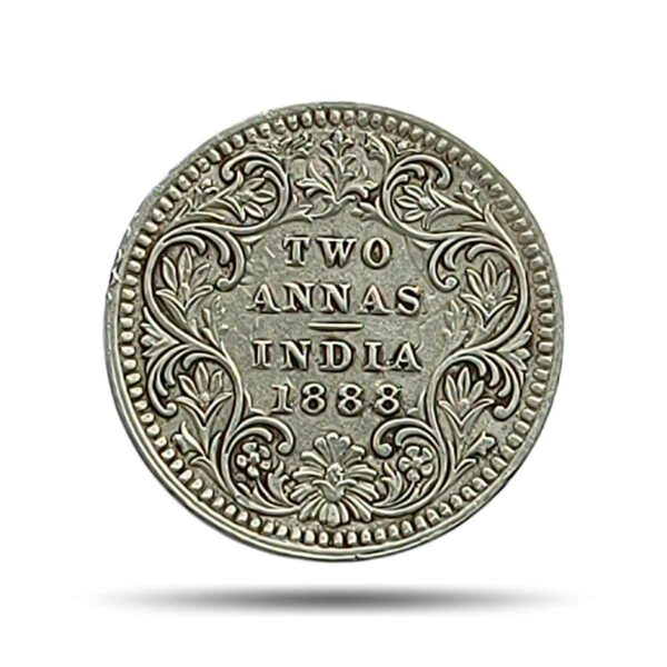 Scarce Two Annas Victoria Empress 1888 Calcutta Mint Silver Coin, British India Uniform Coinage, Collectible.