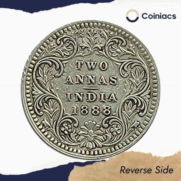 Scarce Two Annas Victoria Empress 1888 Calcutta Mint Silver Coin, British India Uniform Coinage, Collectible. - Image 3