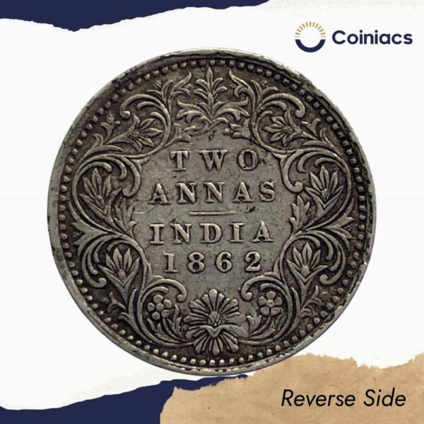 Two Annas Victoria Queen 1862 Silver Coin, British India Uniform Coinage, Collectible - Image 3