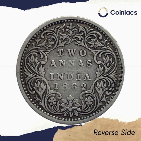 Two Annas Victoria Queen 1862 Silver Coin, British India Uniform Coinage, Collectible - Image 3