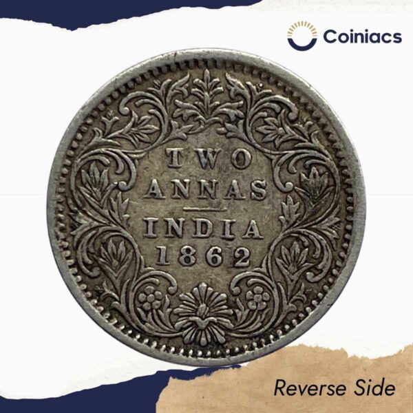 Two Annas Victoria Queen 1862 Silver Coin, British India Uniform Coinage, Collectible - Image 3