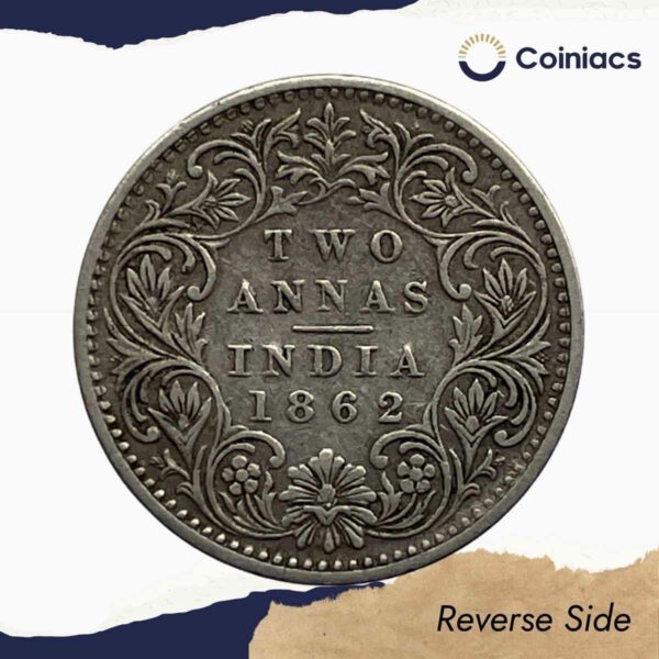 Two Annas Victoria Queen 1862 Silver Coin, British India Uniform Coinage, Collectible - Image 4