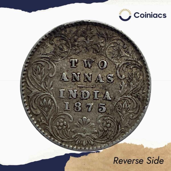 Two Annas Victoria Queen 1875 Silver Coin, British India Uniform Coinage, Collectable - Image 3