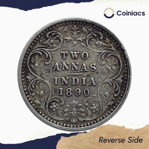 Two Annas Victoria Empress 1890 Bombay Mint ('B' incuse) Silver Coin, British India Uniform Coinage, Collectable. - Image 3