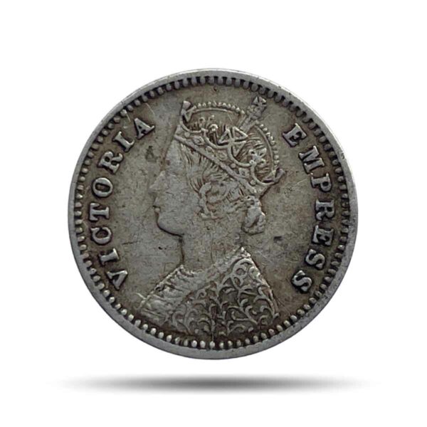 Two Annas Victoria Empress 1890 Bombay Mint ('B' incuse) Silver Coin, British India Uniform Coinage, Collectable.