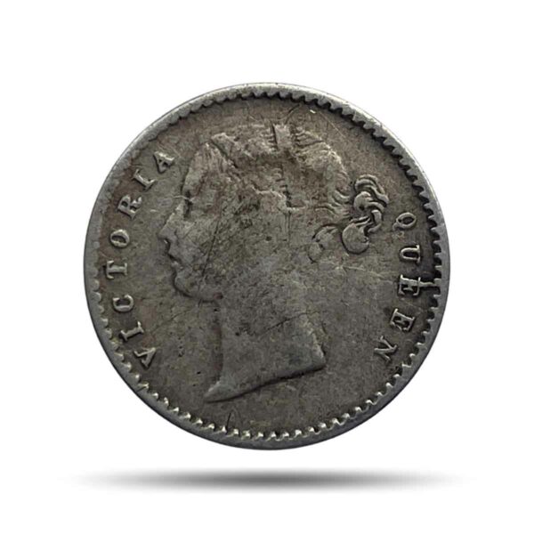 Two Annas Victoria Queen Divided Legend 1841 CE 9 Berries (5L + 4R) Silver Coin, British India Uniform Coinage, Collectible.