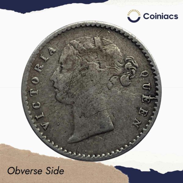 Two Annas Victoria Queen Divided Legend 1841 CE 9 Berries (5L + 4R) Silver Coin, British India Uniform Coinage, Collectible. - Image 2