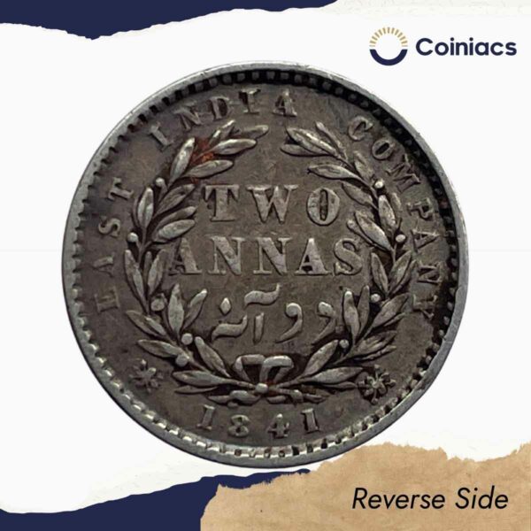 Two Annas Victoria Queen Divided Legend 1841 CE (With Sherif) 9 Berries (5L + 4R) Silver Coin, British India Uniform Coinage, Collectible - Image 3