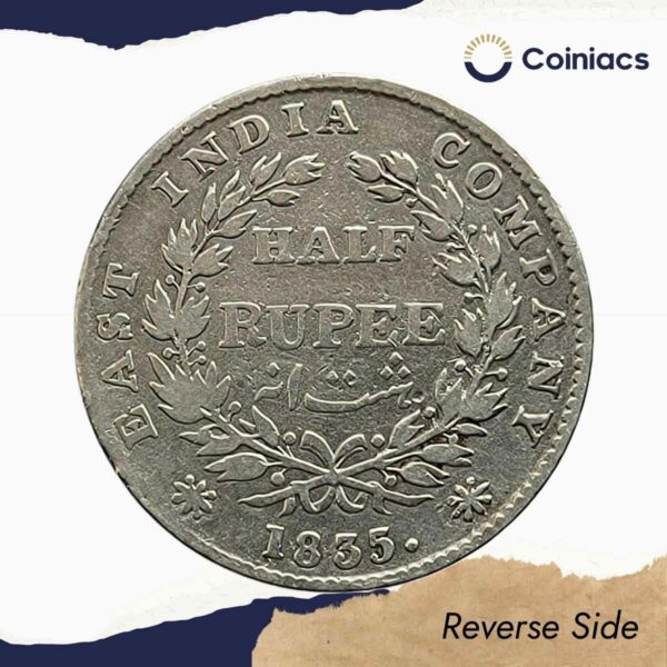 Rare Half Rupee William IIII 1835 (Obv A, Rev II) Silver Coin, British India Uniform Coinage, Fine. - Image 3