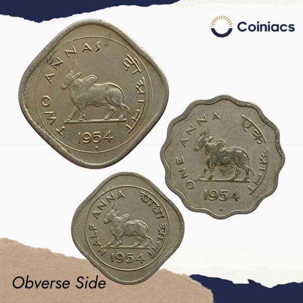 Scarce SET of Bull Anna Coins 2 Annas, 1 Anna, Half Anna 1954 Cupro-Nickel (3 Coins SET), Republic India Anna Series, Collectible. - Image 2