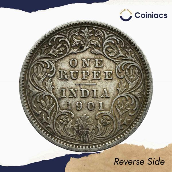 Scarce One Rupee Victoria Empress 1901 Calcutta Mint ('C' Incuse) Silver Coin, British India Uniform Coinage, Collectible. - Image 3