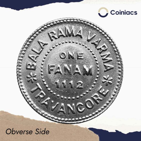 Rare One Fanam Bala Rama Varma 1112 Kollam Era (1936-1937 CE) Silver old coin, Princely State of Travancore, UNC. - Image 2