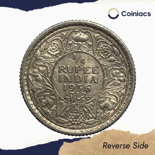 Scarce 1/4 Rupee George V King Emperor 1936 Calcutta Mint Silver Coin, British India Uniform Coinage, Collectible. - Image 3