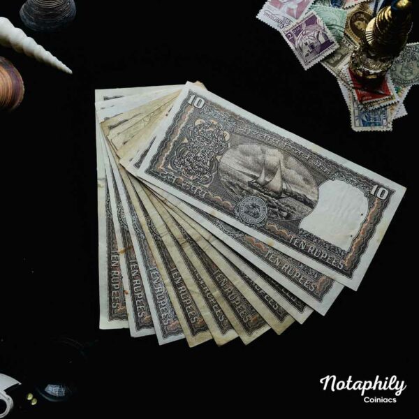 NOTAPHILY Rare Authentic Vintage Set of 10 Rupees Black Boat (10 Pieces SET), Circulated Condition. - Image 3