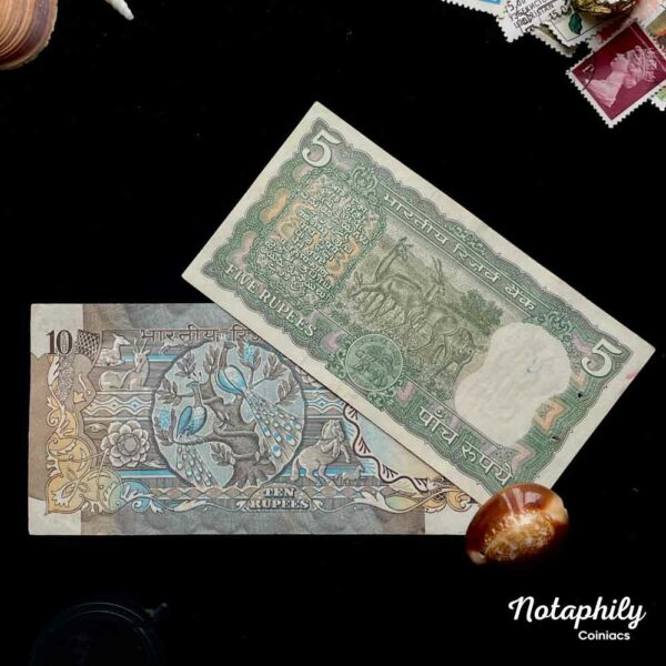 NOTAPHILY Rare Authentic Vintage set of 5 Rupees Deer & 10 Rupees Peacock Circulated Condition (2 Pieces SET). Collectible - Image 3
