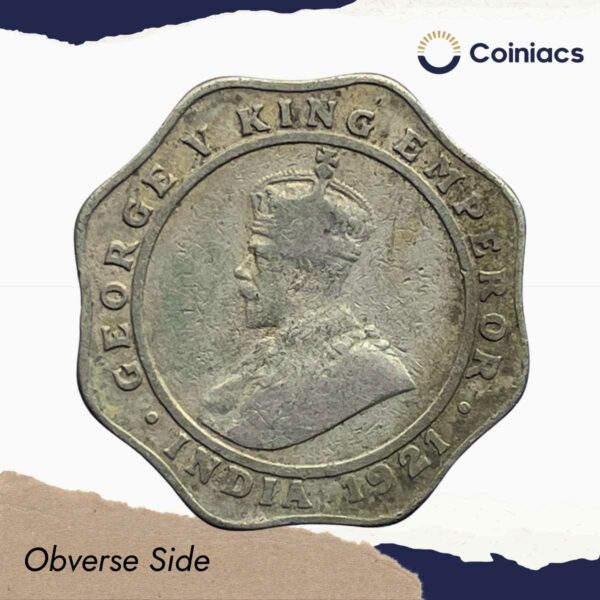 Rare 4 Annas George V King Emperor 1921 (Key Date) Cupro-Nickel Coin, British India Uniform Coinage, Collectible. - Image 2
