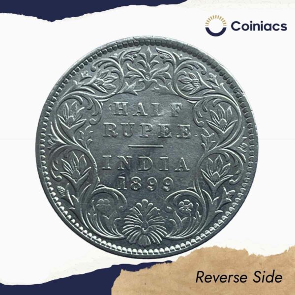Scarce Half Rupee Victoria Empress 1899 Bombay Mint (Inverse B incuse) Silver Coin, British India Uniform Coinage, Collectible. - Image 3