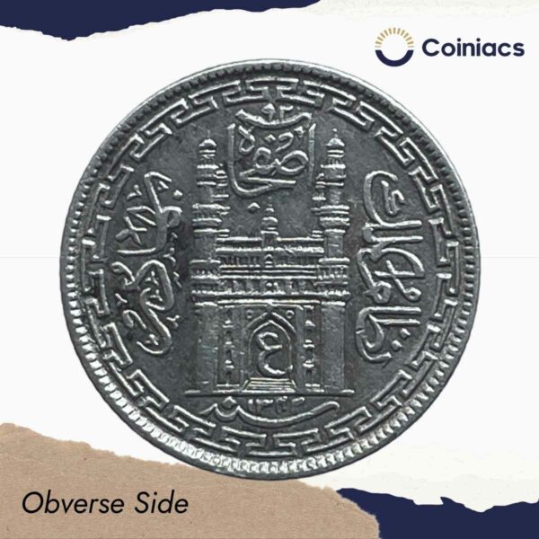 4 Annas Mir Usman Ali Khan RY 13 1342 AH (1923-24 CE) Silver Old Coin, Princely State of Hyderabad, Collectible. - Image 2